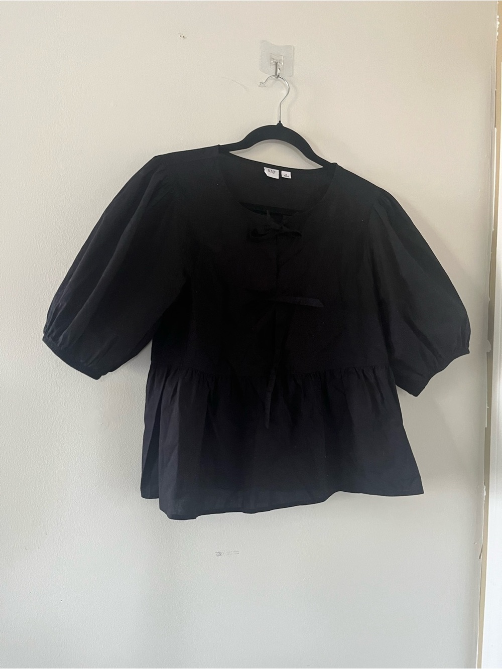 Gap 100% Cotton Black Puff Sleeve Peasant Top Medium Tie Front Cottagecore